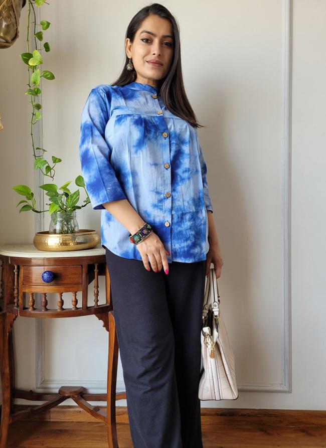 Cotton Sky Blue Casual Wear Printed Readymade Peplum Top